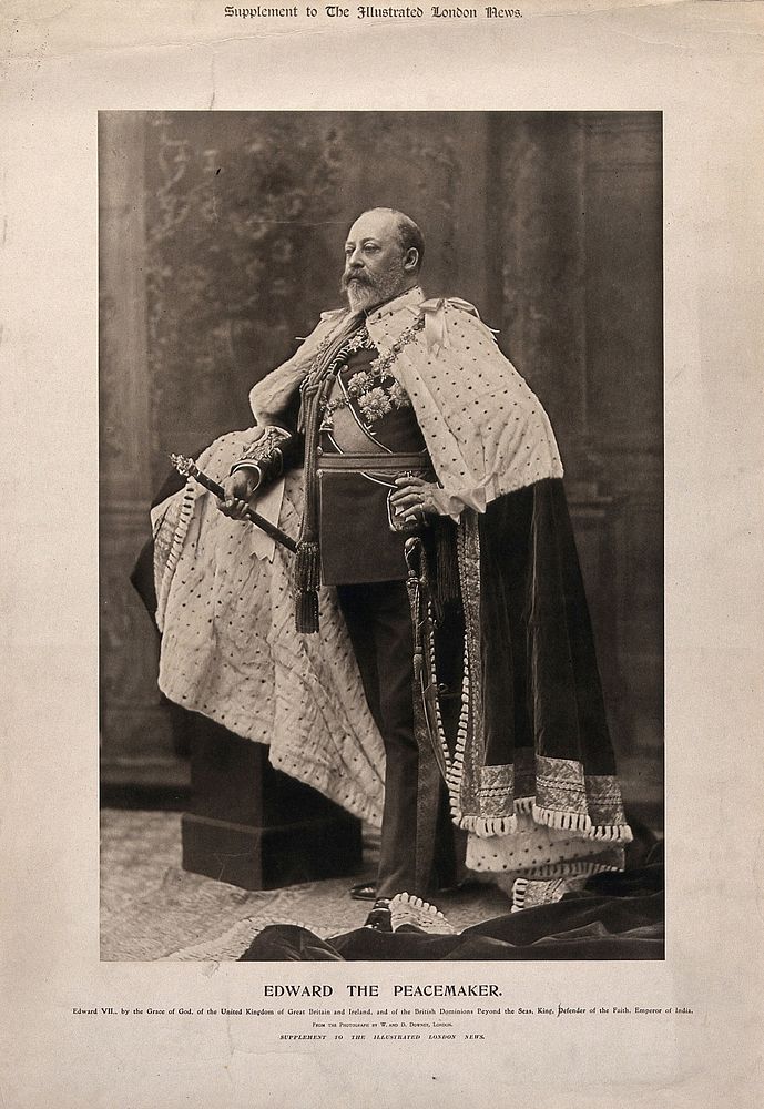 King Edward VII, standing, holding a sceptre. Photogravure after W. and D. Downey, 190-.