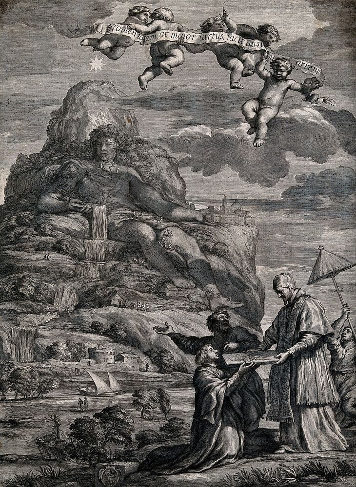 Cristobal Lozano presents to Pope Alexander VII an engraving of a mountain transformed into a statue of a man. Engraving by…