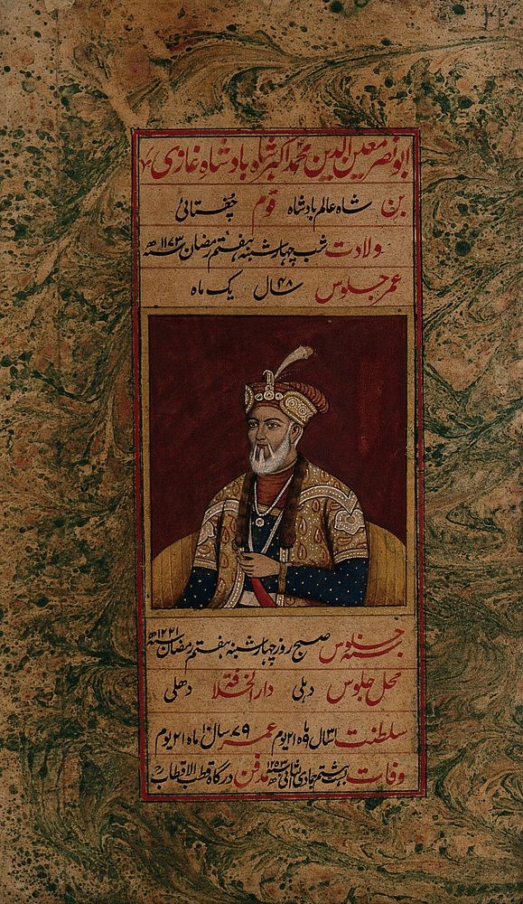 Abū Nasr Mughīn Al-Dīn Muhammad Akbar Bādshāh Ghāzī bin Shāh Alam Bādshāh Qūm Chaghatā'ī. Gouache painting by an Indian…