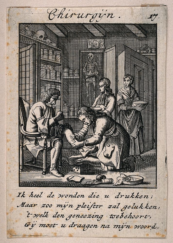 A surgeon treating a male patient's leg. Engraving.