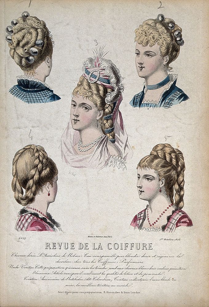 The heads and shoulders of five women with their hair combed back and dressed with chignons decorated with baubles, feathers…