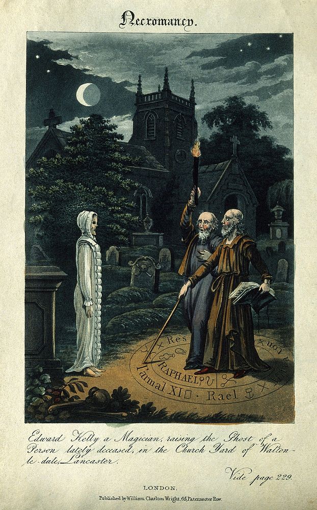Edward Kelley: he conjures up a ghost in a graveyard. Coloured aquatint.