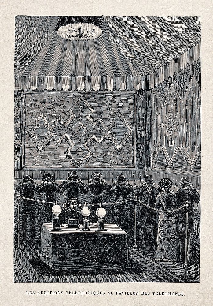 Acoustics: a telephonic demonstration at an exhibition (in Paris). Wood engraving, ca.1889.