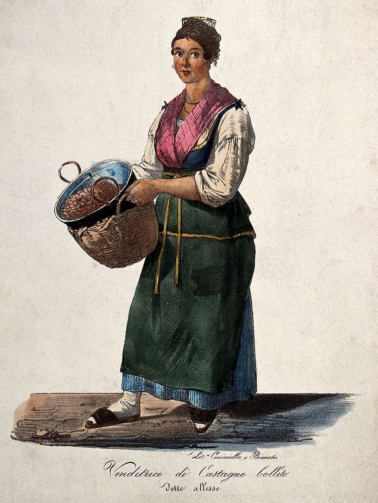 A Neapolitan woman has a cauldron of hot chestnuts in a basket to sell. Coloured lithograph by Cuciniello and Bianchi.