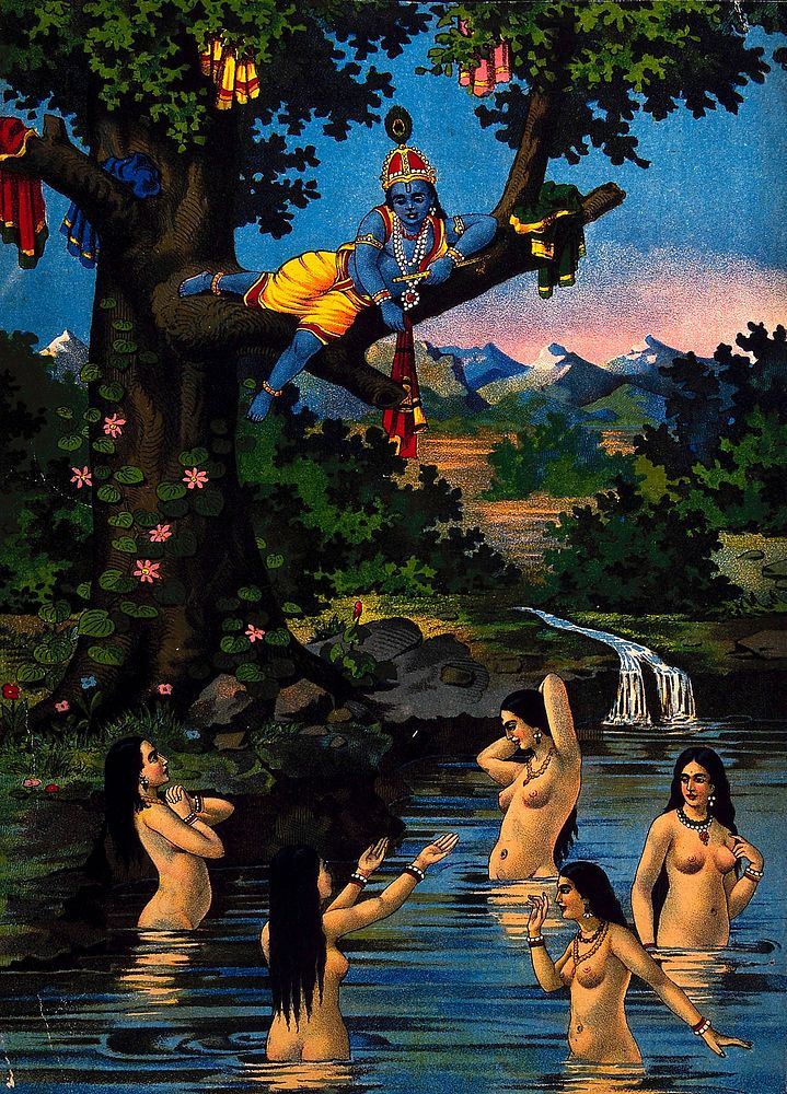 Krishna stealing the cowgirls clothes and watching them bathe in the river below. Chromolithograph.