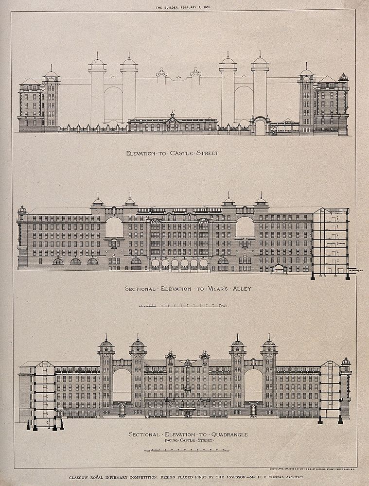Royal Infirmary, Glasgow: the winning competition design by H. E. Clifford. Process print by Sprague & Co. Ltd., 1901.