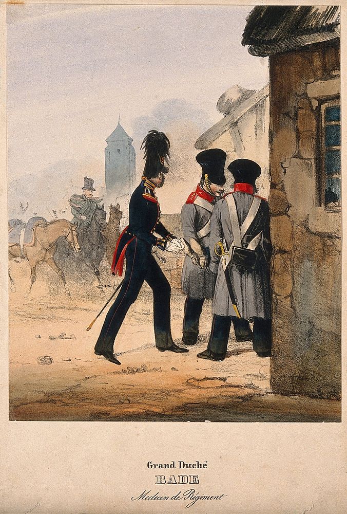 A uniformed German army doctor arriving at the scene of an accident. Coloured lithograph, c. 1870.