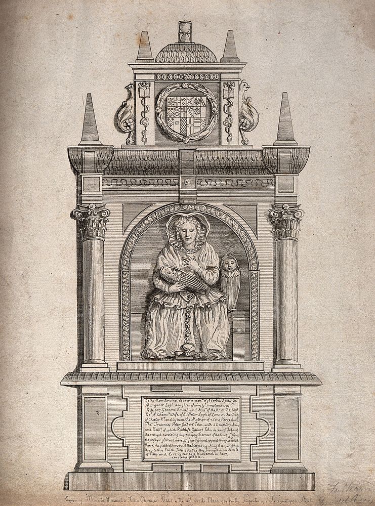 A monument to Lady Margaret Legh who is holding a babe to her chest. Etching by JB, 1794, after a tomb sculpture, 1603.