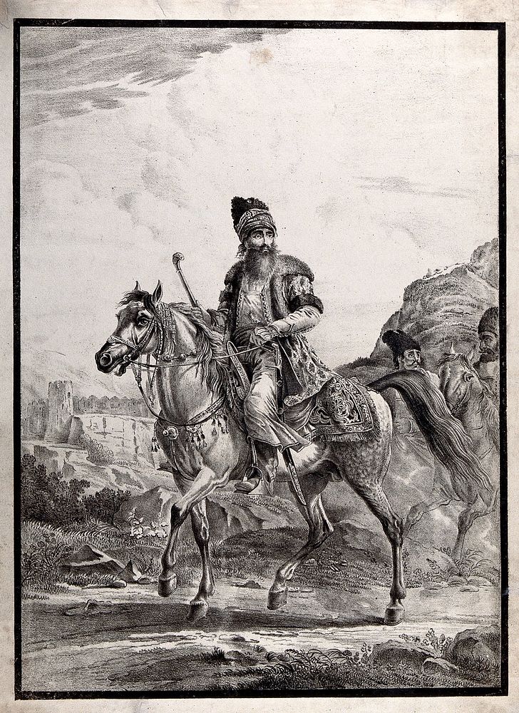 A Persian (or Russian) nobleman/warrior in traditional dress, riding a horse, with two men, also on horse-back, following…