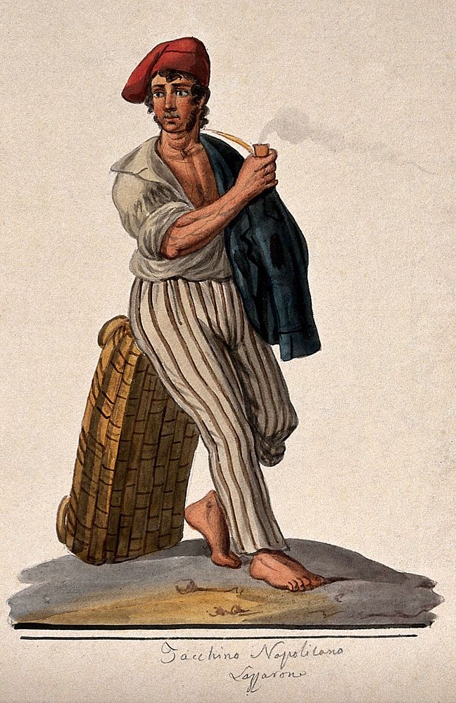 A young man leans against a basket with his jacket slung over his shoulder smoking a pipe. Watercolour.
