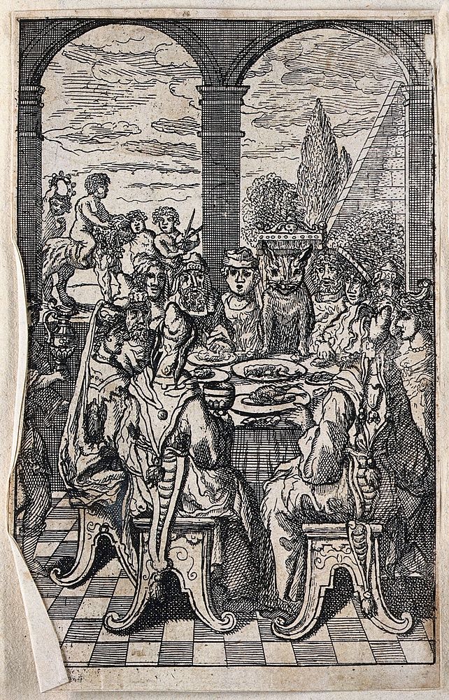 A group of people is sitting around a dinner table presided over by a cat; illustration of a fable. Etching.