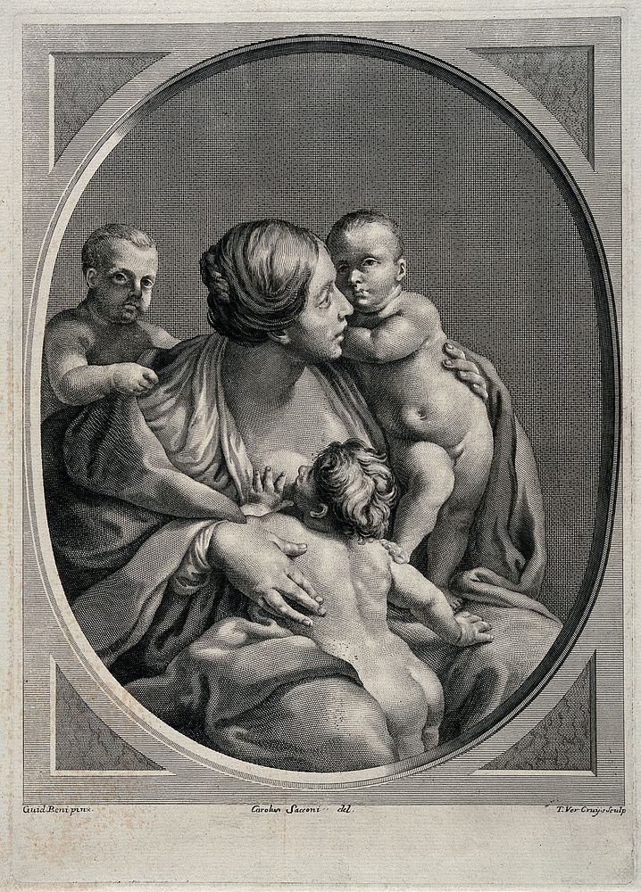 A woman holding three children one of whom is breast-feeding from her; representing charity. Line engraving by T. Verkruis…