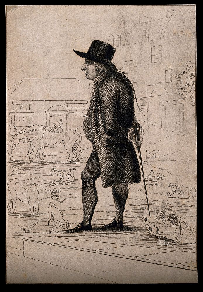 Baron D'Aguilar, an eccentric merchant farmer with starving animals, and farm buildings in the background. Stipple engraving.
