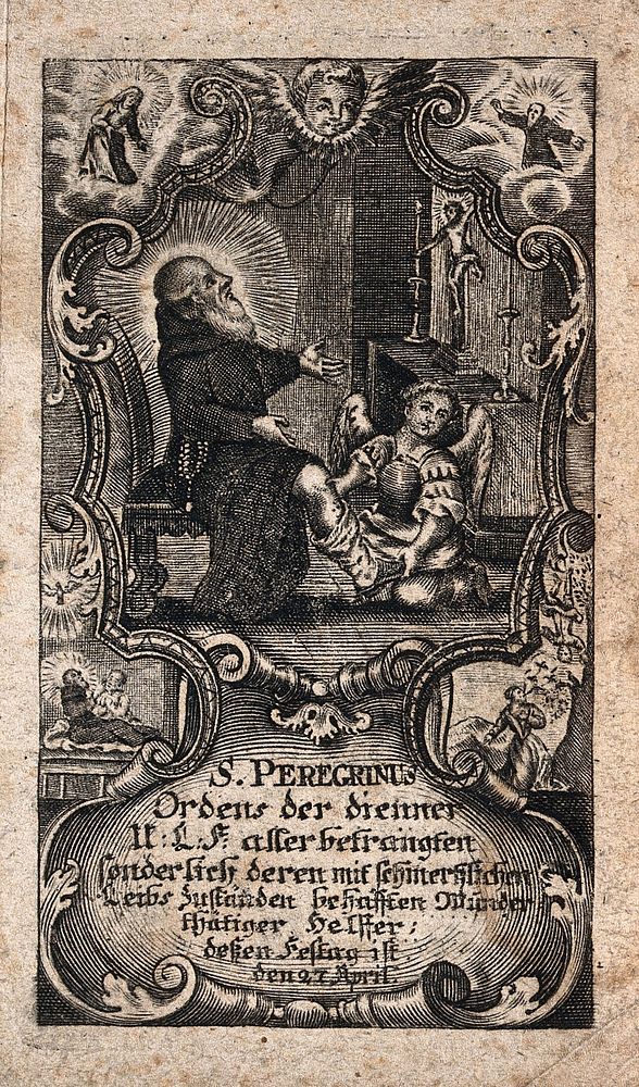 Saint Peregrinus Laziosi: a vision of Christ heals his leg by the ministration of an angel. Engraving.