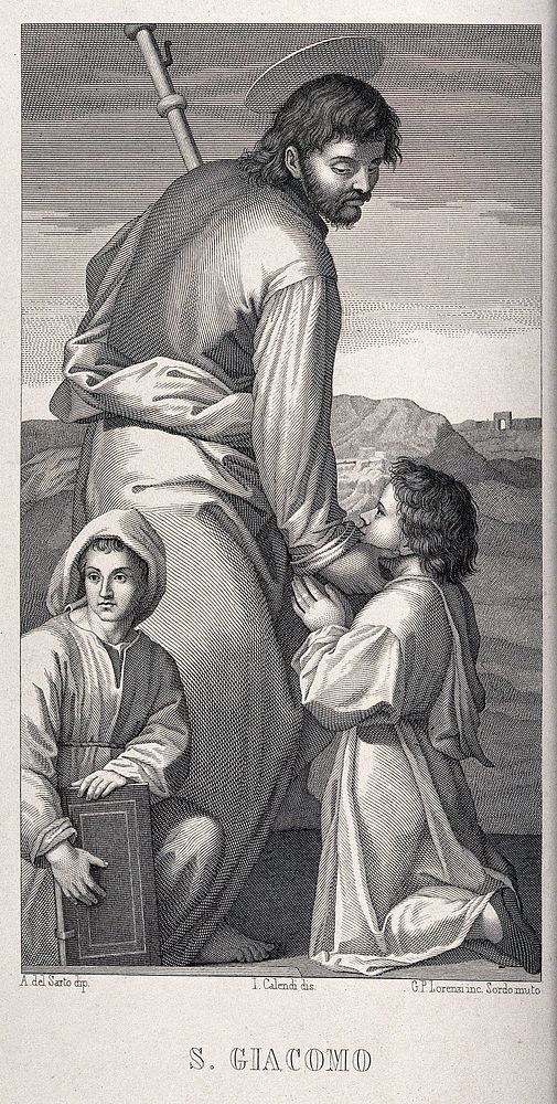 Saint James the Great. Line engraving by G.P. Lorenzi after J. Calendi after A. del Sarto.