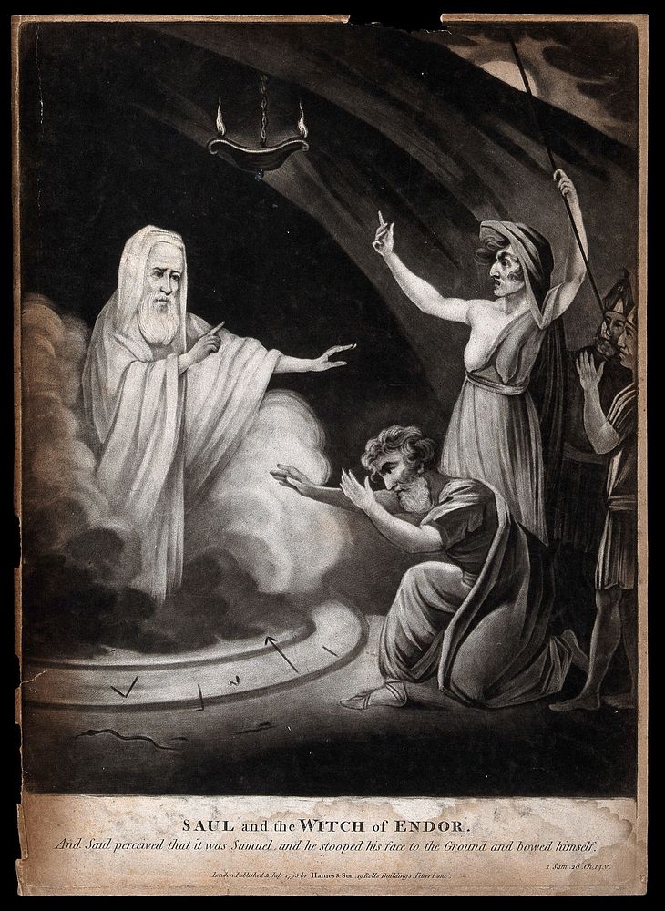 Saul bows to Samuel after the witch of Endor has conjured him from the dead. Mezzotint, 1795.