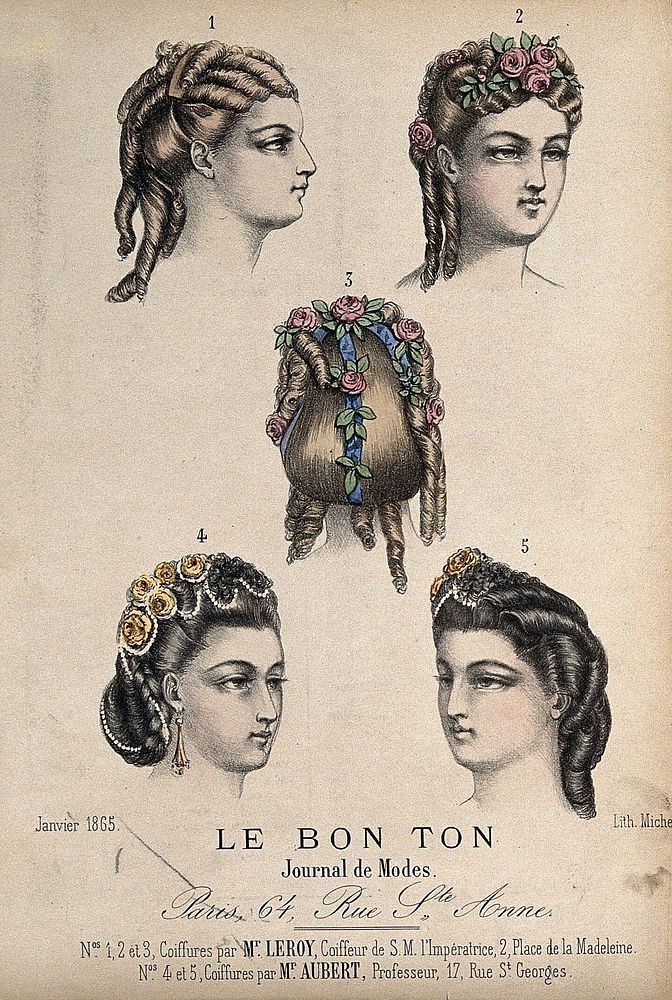 The heads of five women with braided and ringletted hair dressed with flowers and beads. Coloured lithograph by Michelet…