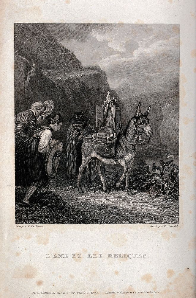 Traveller with an ass carrying a shrine, which is venerated by a couple. Engraving by R. Corbould after X. Le Prince.