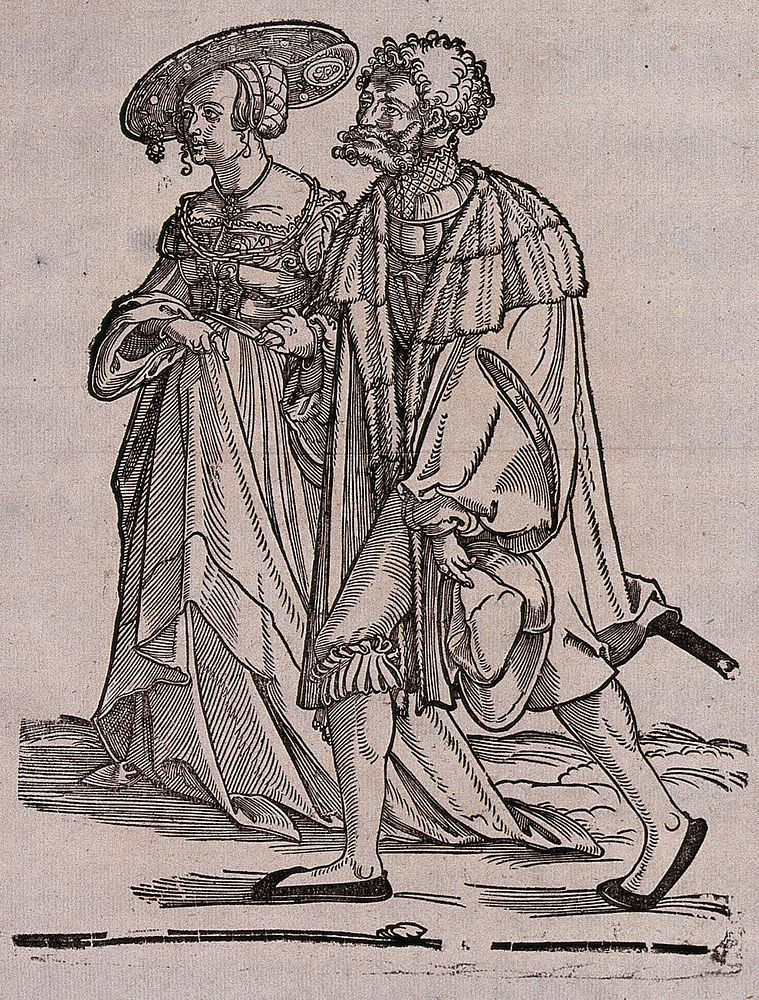 A couple in fashionable dress. Woodcut by Hans Schäufelein, 15--.