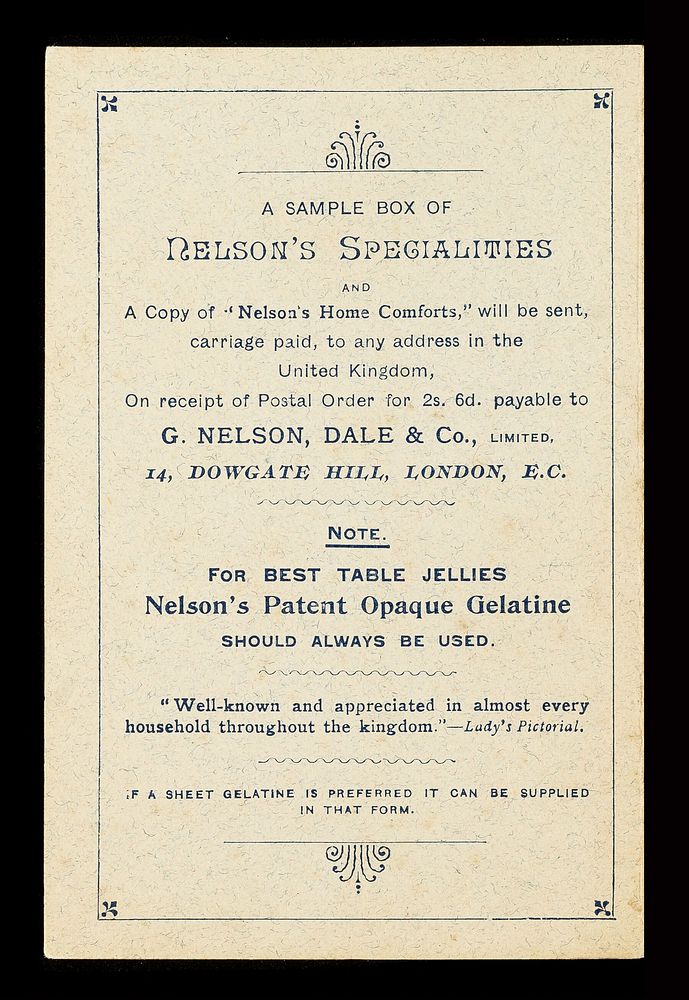 Nelson's specialities : sold by all grocers, chemists, Italian warehousemen, and stores throughout the world : Geo. Nelson…