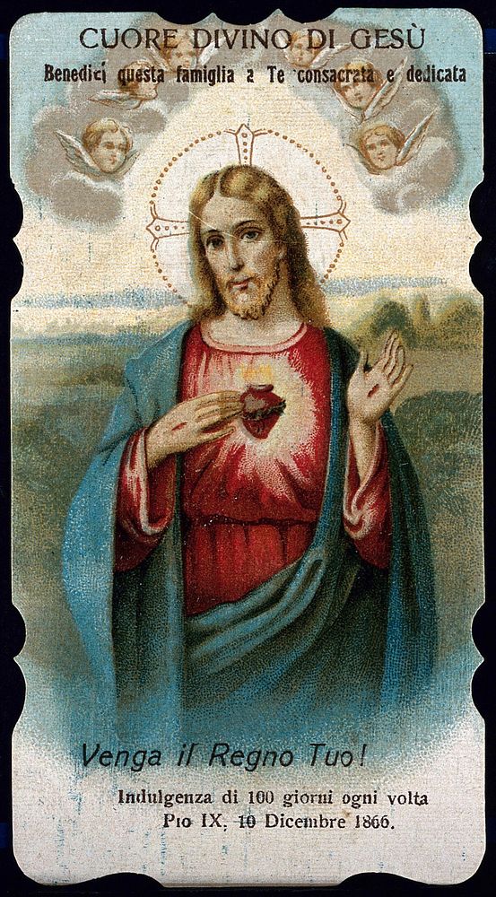 Christ showing his Sacred Heart. Colour lithograph.