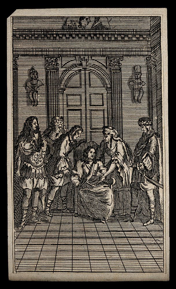A man sitting in a chair while a woman takes his pulse with a group of concerned courtiers gathering around. Line engraving.