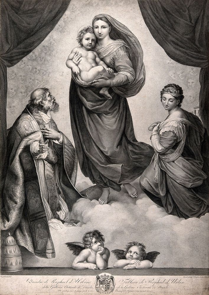 Saint Mary (the Blessed Virgin) with the Christ Child, Saint Sixtus, Saint Barbara and angels. Engraving by C.G. Schultze…
