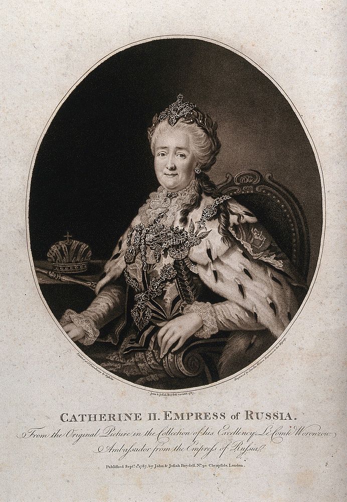 Catherine II in lavish dress, seated in an armchair; crown on a table in the background. Stipple print by C. Watson after A.…