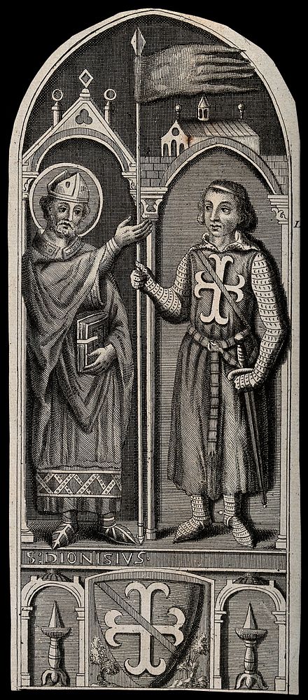 Saint Denis presenting a standard to a crusader (Godefroi de Bouillon). Engraving.