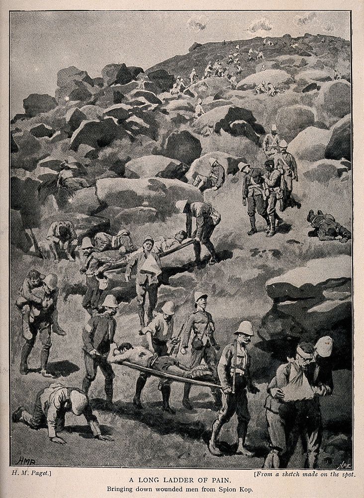 Boer War: bringing the wounded dwom from Spion Kop. Process print after H.M. Paget.