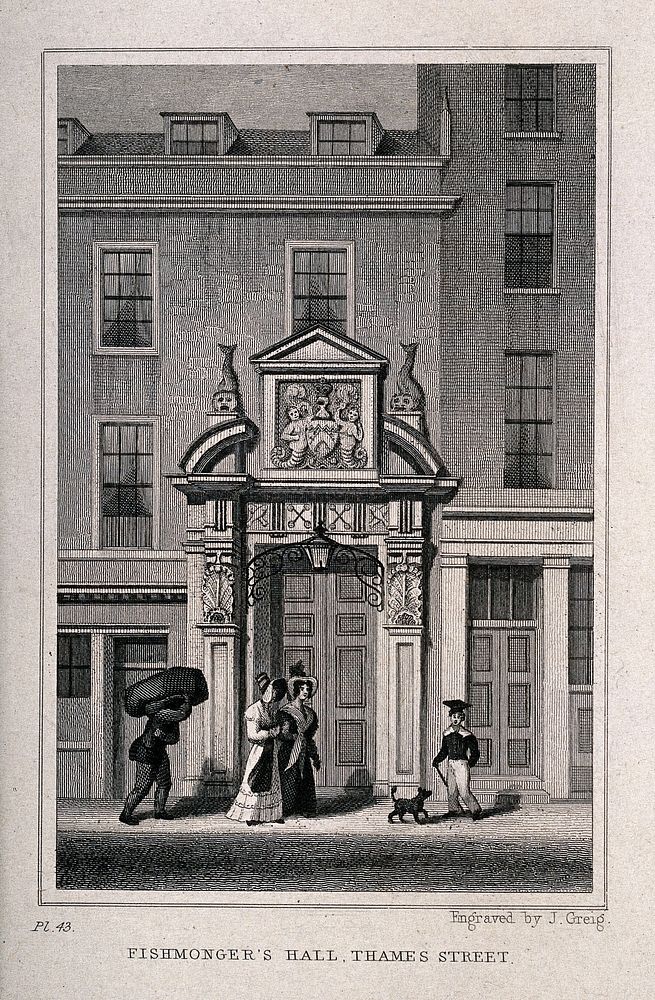 Fishmongers' Hall, Thames Street, London: the entrance to the hall, with elaborate allegorical carving above the doors, two…