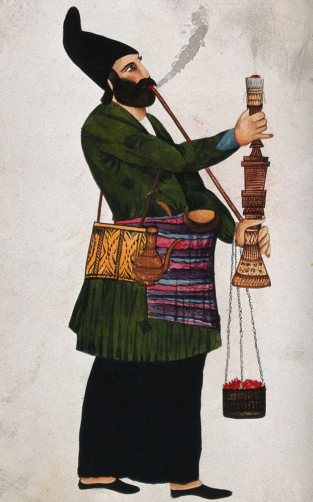 A Turkish man  smoking a hookah. Gouache painting by an Indian painter.