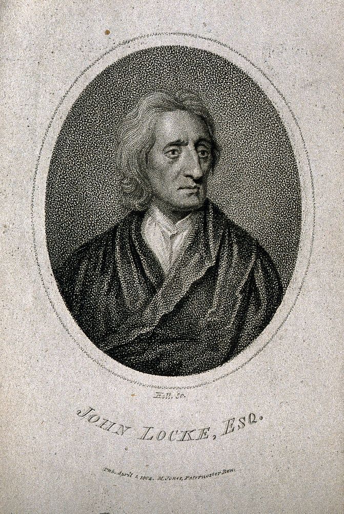 John Locke. Line engraving by J. June after Sir G. Kneller, 1697.