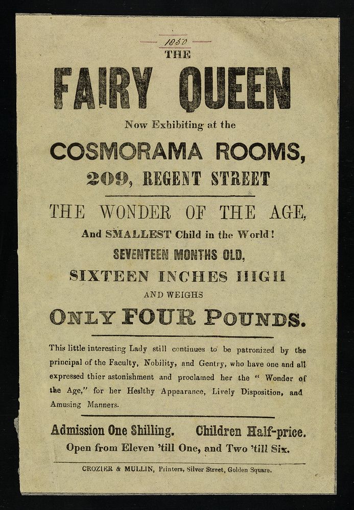 The Fairy Queen : now exhibiting at the Cosmorama Rooms, 209, Regent Street : the wonder of the age, and smallest child in…