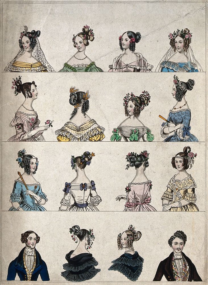 The heads and shoulders of fourteen women and two men; the women wear their hair combed back with elaborate ringlets framing…