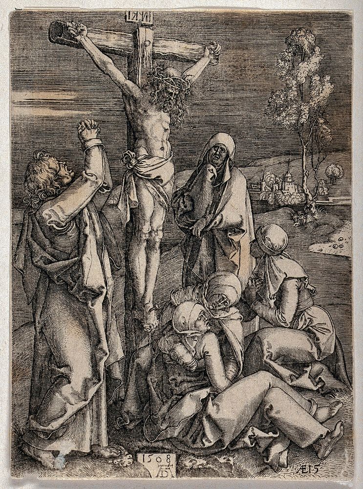 The crucifixion of Christ; Saint John and the four women lament. Engraving by Wierix after A. Dürer, 1509.