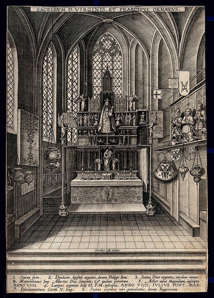 Shrine of the Blessed Virgin in an unidentified church in the Netherlands. Engraving by Cornelius Galle.