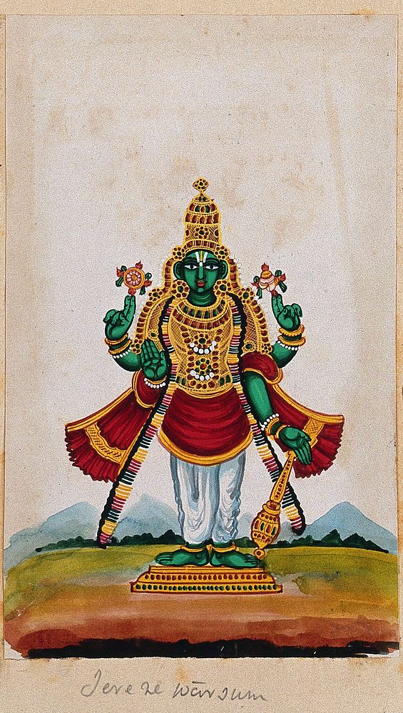 Lord Vishnu holding a discus, conch and a mace in each hand, with the fourth hand raised in a abhaya mudra. Gouache painting…