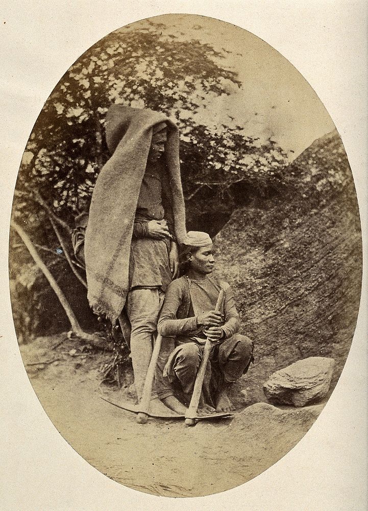 Nepal: two Tibetan men with pick-axes. Photograph by Clarence Comyn Taylor, ca. 1860.