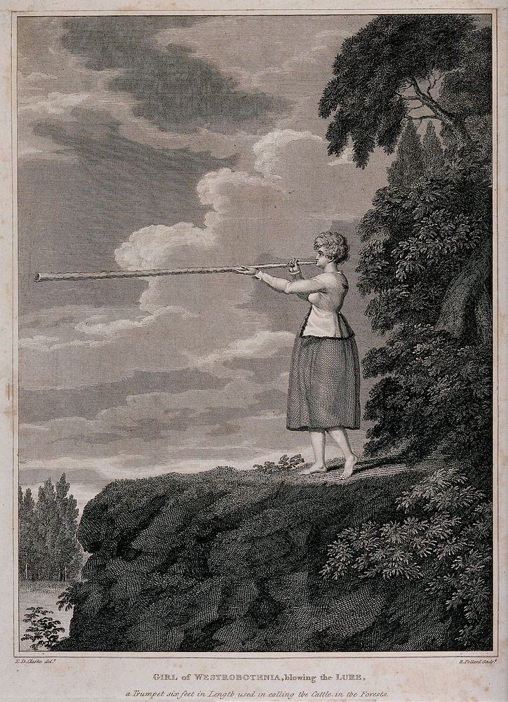 A Swedish woman standing on the edge of a cliff, blowing on a long pipe. Engraving by R. Pollard after E.D. Clarke.
