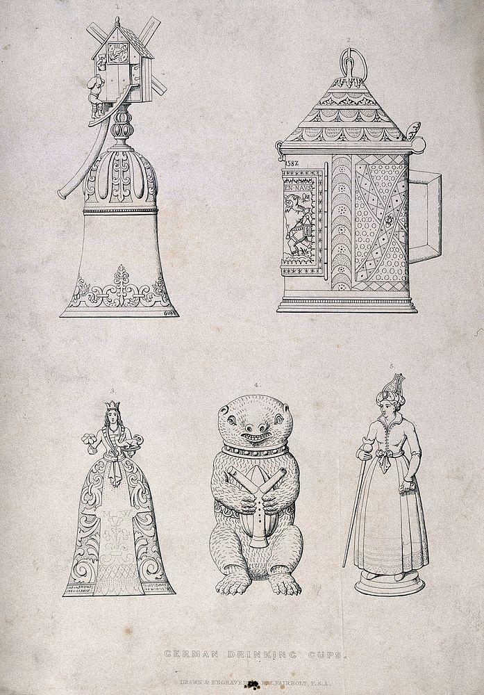 Five ornate German drinking vessels. Engraving by F. Fairholt, 19th century, after himself.