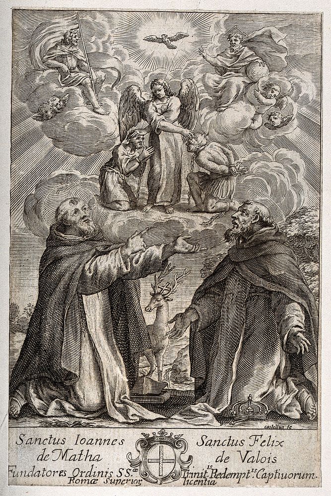 The Holy Trinity and an angel with captives, receiving intercessions from Saint John of Matha and Saint Felix of Valois…