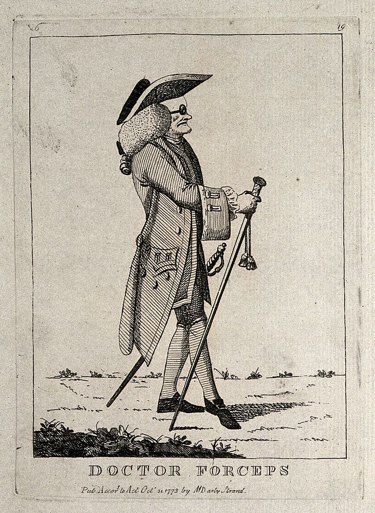 A obstetrician dressed in a grand manner, wearing a sword and carrying a tall cane. Etching, 1773.