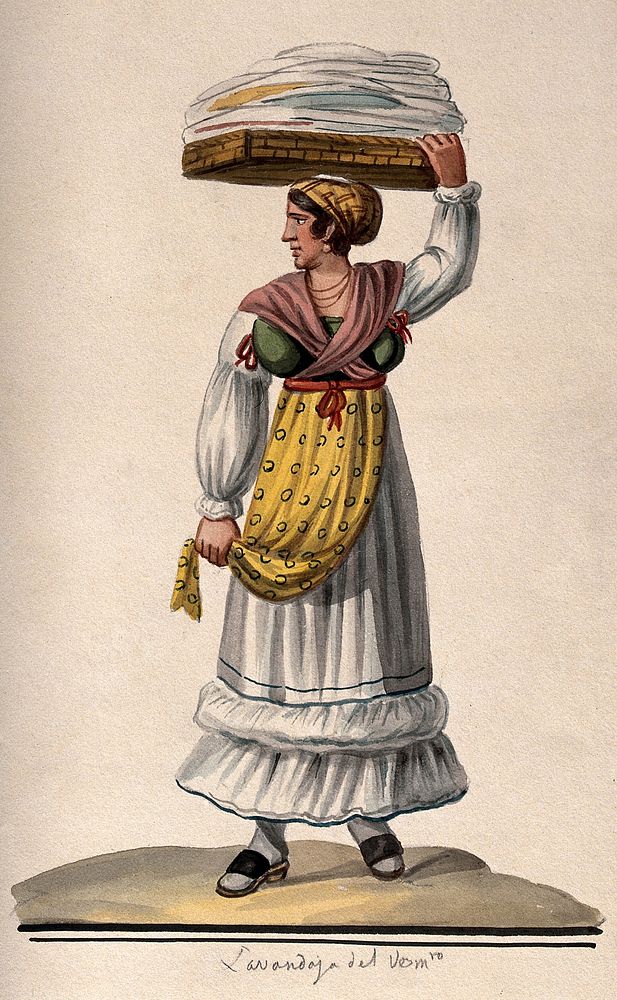 A woman is holding a large flat basket of washing on her head. Watercolour.