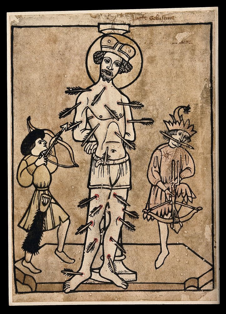 Martyrdom of Saint Sebastian. Reproduction of coloured woodcut.