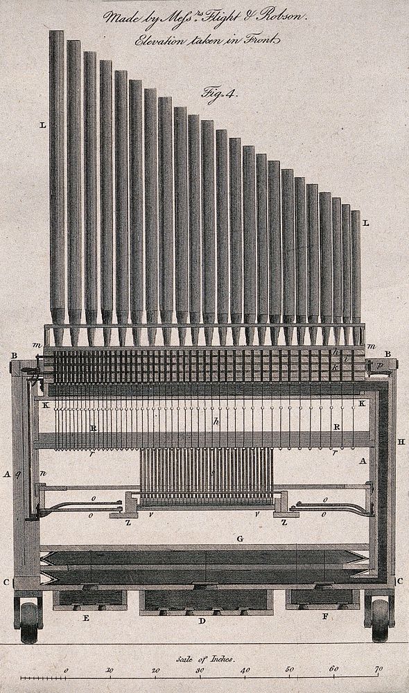 Musical organ pipes made by Flight & Robson. Engraving.