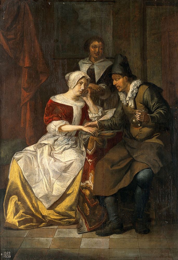 A physician feeling the pulse of a seated female patient. Oil painting attributed to Hendrik Heerschop.