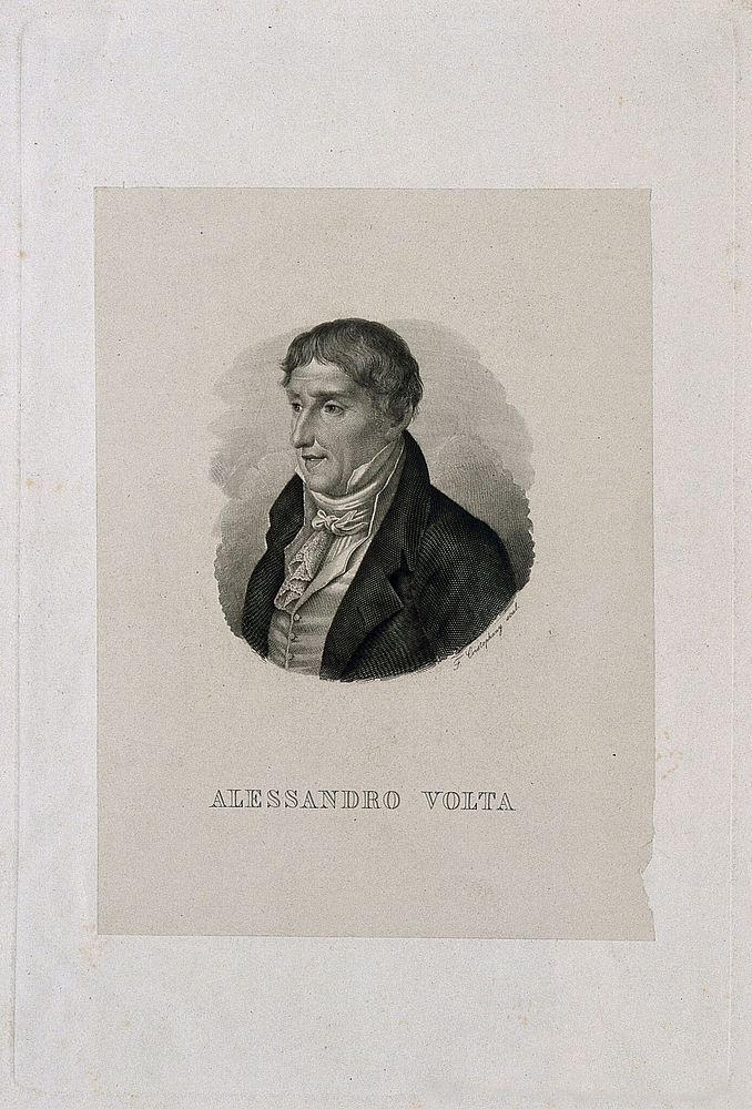 Count Alessandro Giuseppe Antonio Anastasio Volta. Line engraving by F. Christophany after L. Sabatelli.