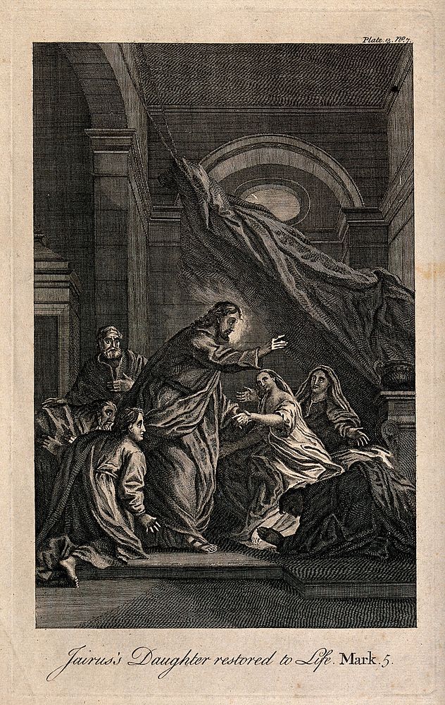 Christ raises Jairus' daughter. Etching after C. de Lafosse.