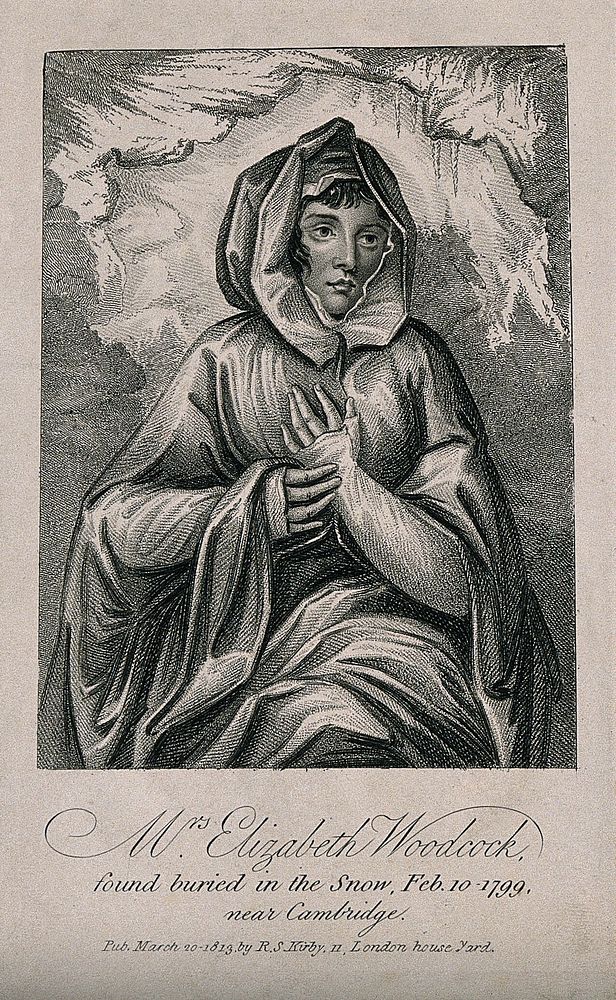Elizabeth Woodcock, depicted as found after having survived being buried in snow for eight days, aged 42. Stipple engraving…